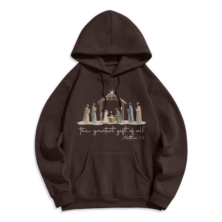 Christianartworkshop Cozy Nativity Scene Greatest Gift Scripture Fleece Lined Polyester Hoodie - Brown - 2XL - image 5
