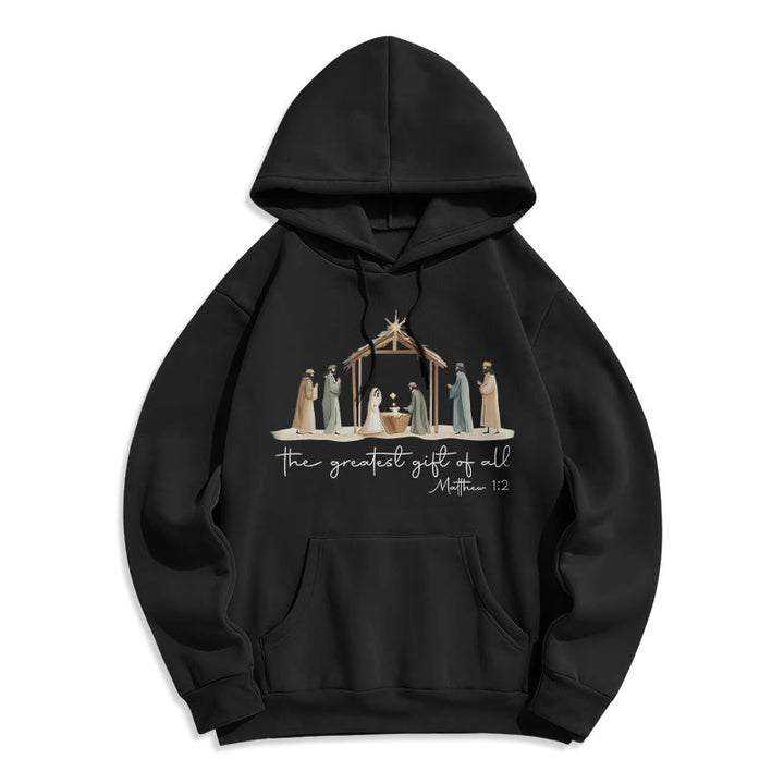 Christianartworkshop Cozy Nativity Scene Greatest Gift Scripture Fleece Lined Polyester Hoodie - Black - 2XL - image 6