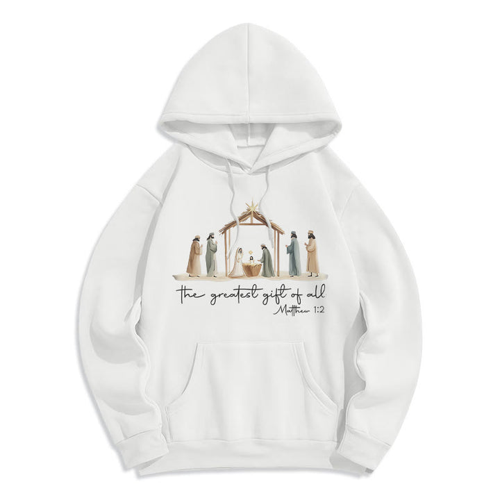 Christianartworkshop Cozy Nativity Scene Greatest Gift Scripture Fleece Lined Polyester Hoodie - White - 2XL - image 1