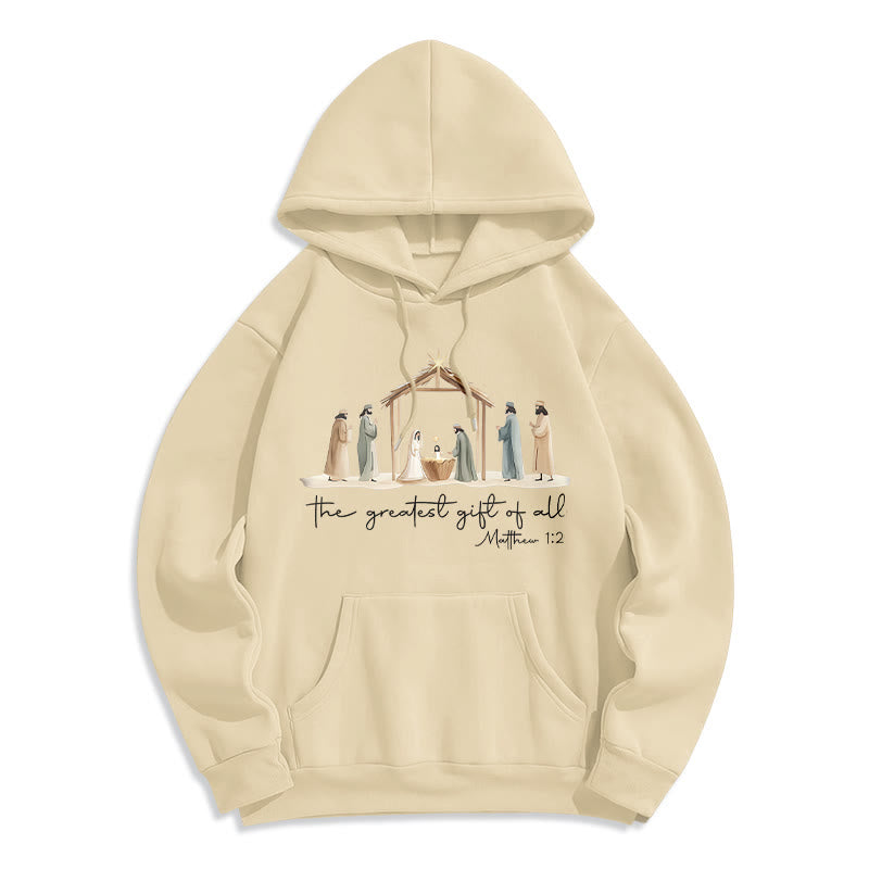 Christianartworkshop Cozy Nativity Scene Greatest Gift Scripture Fleece Lined Polyester Hoodie - Beige - 2XL - image 2