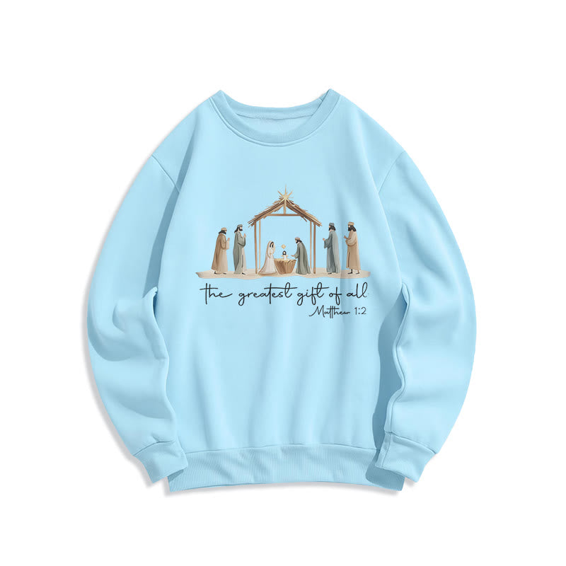 Christianartworkshop Cozy Nativity Scene Greatest Gift Scripture Fleece Lined Polyester Sweatshirt - Blue - 2XL - image 0