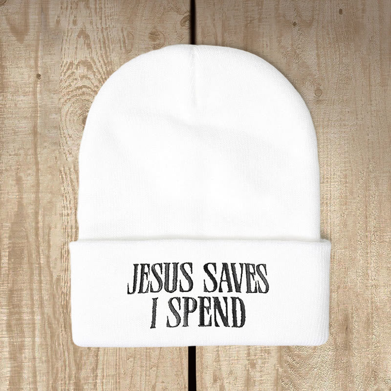 Christianartworkshop Jesus Saves I Spend Humorous Faith Knit Beanie: Faithful Humor for Chilly Days - White - image 0