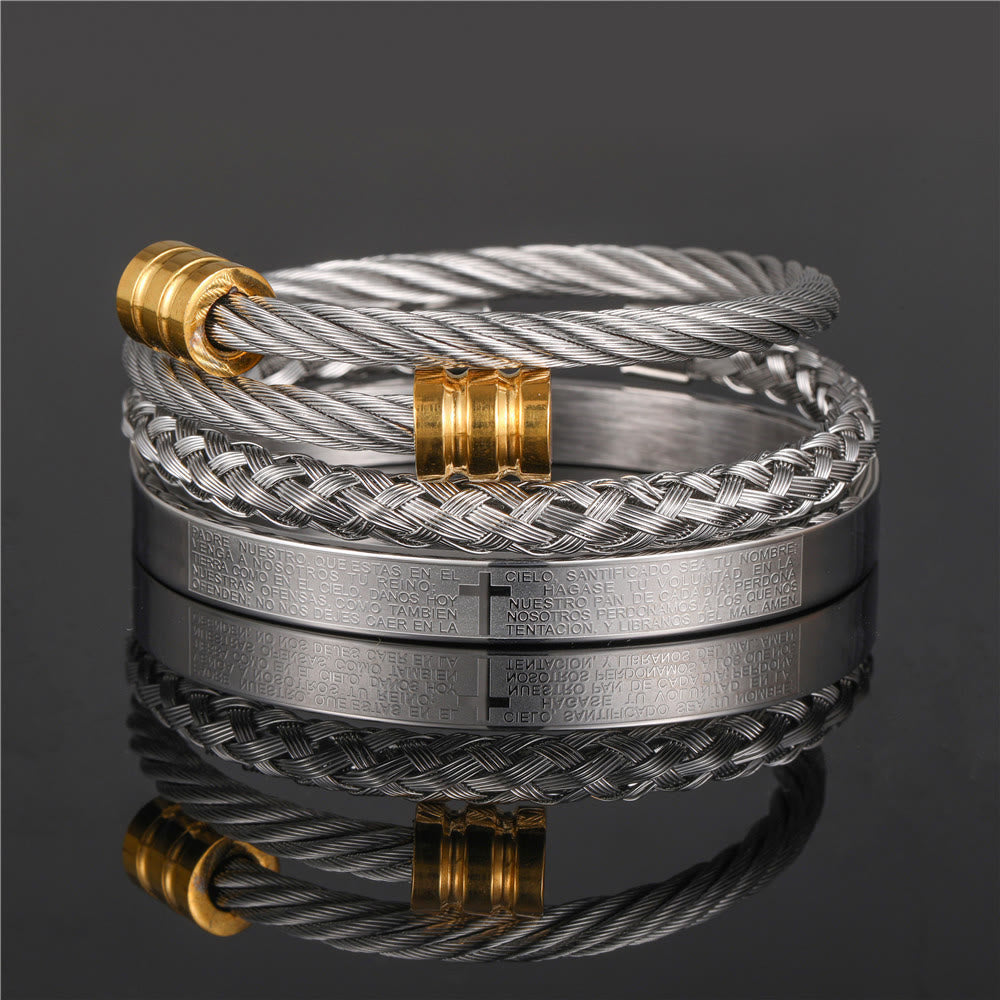 Christianartworkshop Layered Minimalist Style Spiral-Braid Cross & Lord's Prayer Bracelet - Golden - Silver - image 4