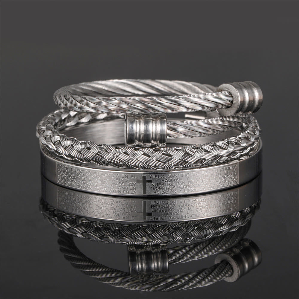 Christianartworkshop Layered Minimalist Style Spiral-Braid Cross & Lord's Prayer Bracelet - Silver - B - image 3