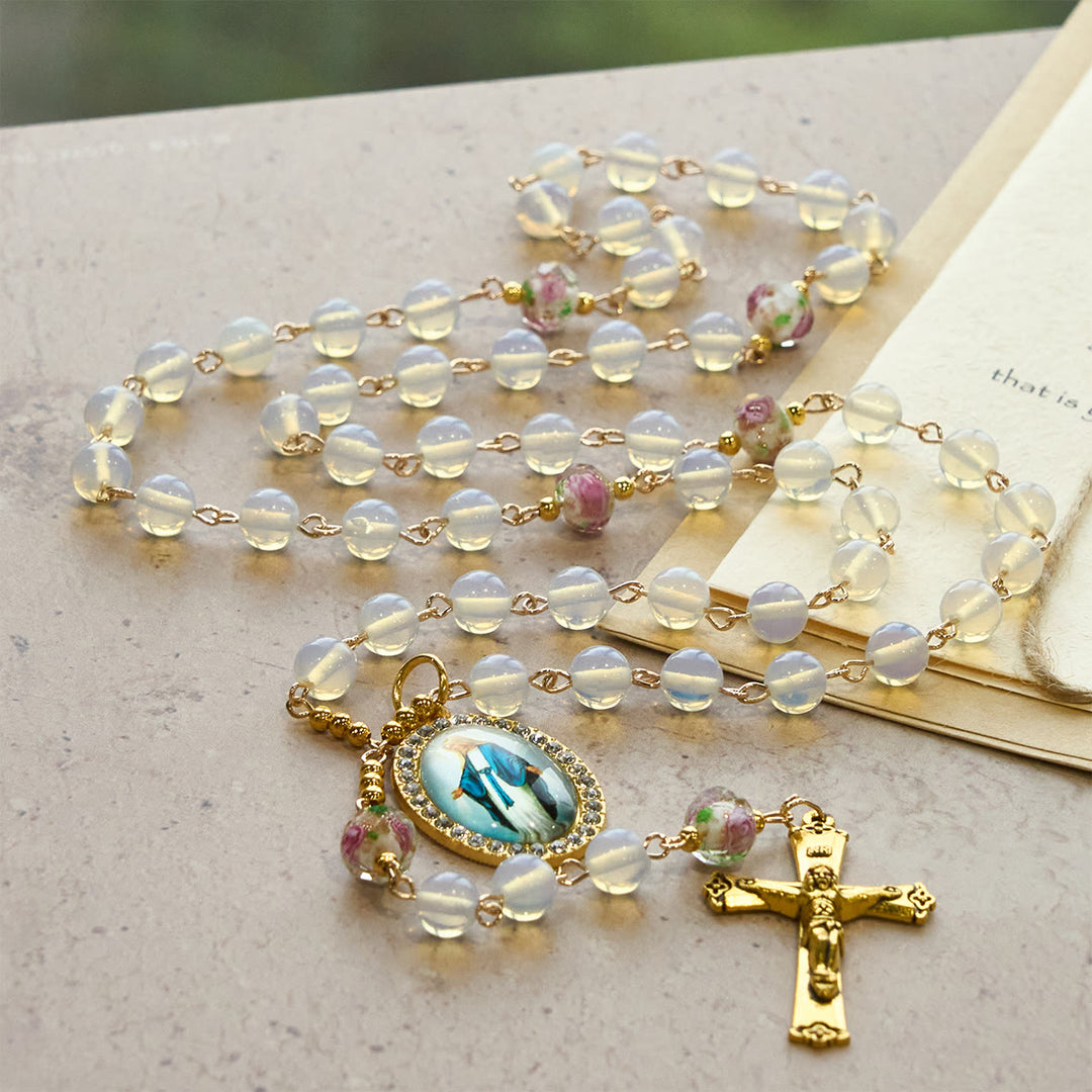 Christianartworkshop White Opal Bead Rosary with Floral Glass Accents & Sacred Crucifix - image 4