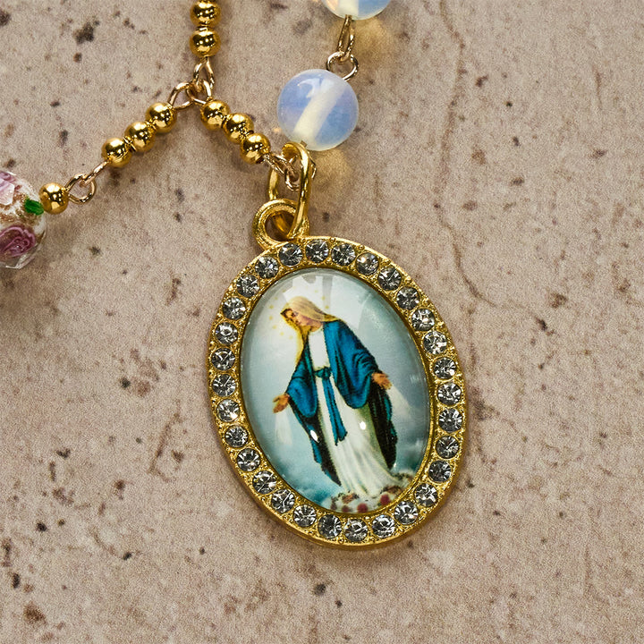 Christianartworkshop White Opal Bead Rosary with Floral Glass Accents & Sacred Crucifix - image 9