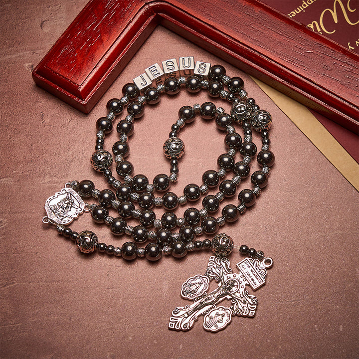 Christianartworkshop Black Agate Custom Rosary with Shield of St. Michael & Personalized JESUS  - image 4