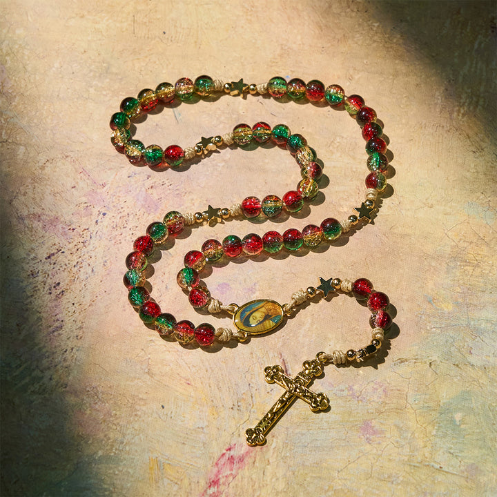 Christianartworkshop Christmas Glass Bead Rosary: Our Lady of Guadalupe Medal & Golden Crucifix - image 2