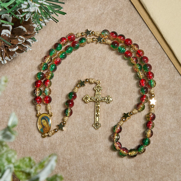 Christianartworkshop Christmas Gift: Christmas Glass Bead Rosary: Our Lady of Guadalupe Medal & Golden Crucifix - image 8