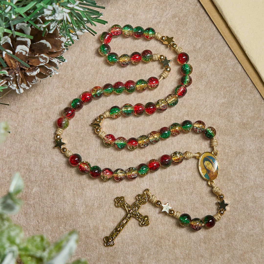 Christianartworkshop Christmas Gift: Christmas Glass Bead Rosary: Our Lady of Guadalupe Medal & Golden Crucifix - image 5