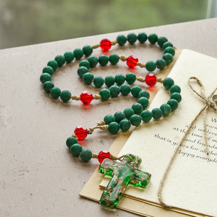 Christianartworkshop Green Patterned Stone Rosary for Devout Prayer: Green-Golden Glass Cross - image 1