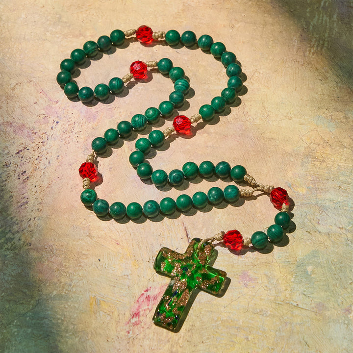 Christianartworkshop Green Patterned Stone Rosary for Devout Prayer: Green-Golden Glass Cross - image 2