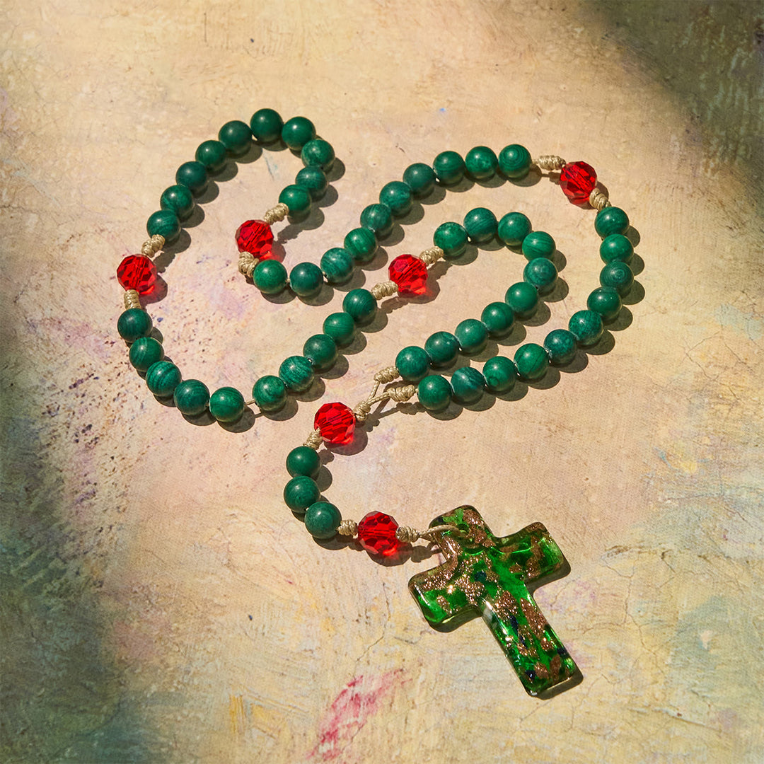 Christianartworkshop Green Patterned Stone Rosary for Devout Prayer: Green-Golden Glass Cross - image 3