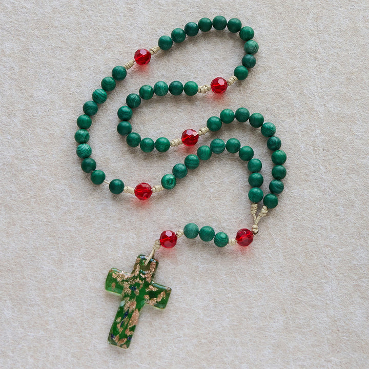 Christianartworkshop Green Patterned Stone Rosary for Devout Prayer: Green-Golden Glass Cross - image 5