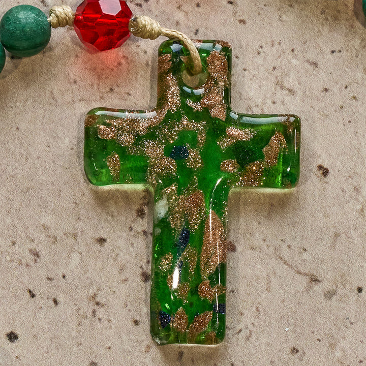 Christianartworkshop Green Patterned Stone Rosary for Devout Prayer: Green-Golden Glass Cross - image 9