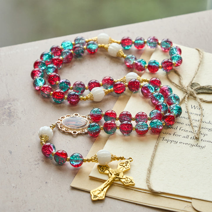 Christianartworkshop Christmas Gift: Christmas Red-Blue Glass Bead Rosary: Our Lady Medal & Ornate Cross - image 5