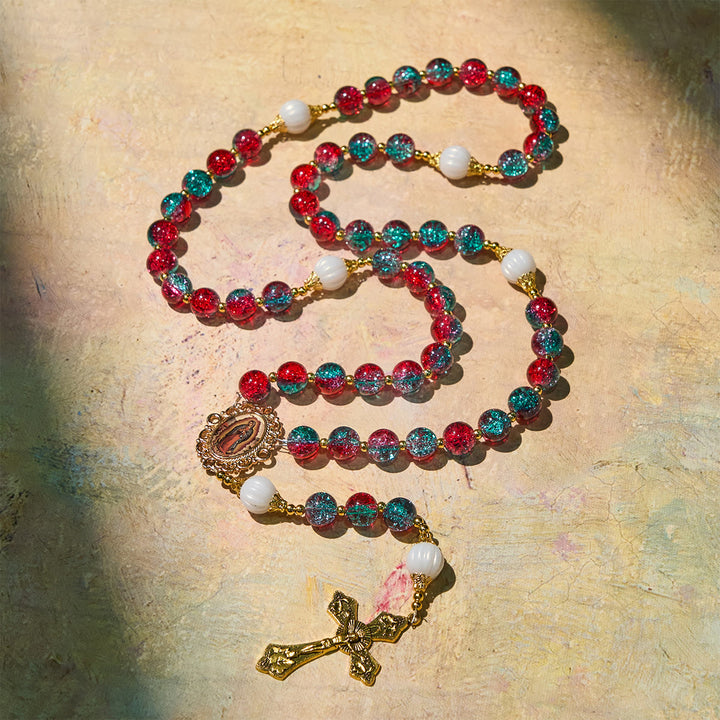Christianartworkshop Christmas Gift: Christmas Red-Blue Glass Bead Rosary: Our Lady Medal & Ornate Cross - image 7