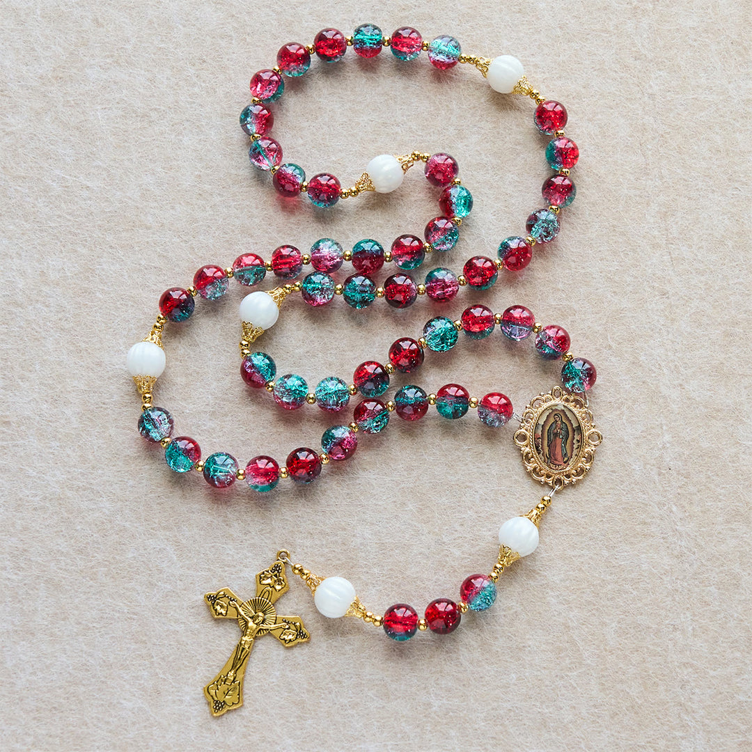 Christianartworkshop Christmas Gift: Christmas Red-Blue Glass Bead Rosary: Our Lady Medal & Ornate Cross - image 4