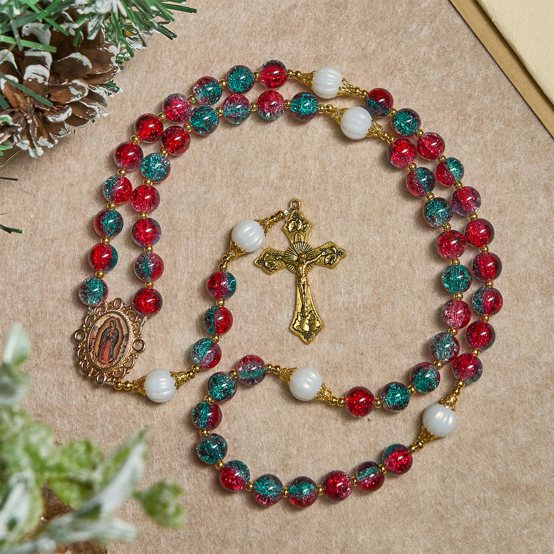 Christianartworkshop Christmas Gift: Christmas Red-Blue Glass Bead Rosary: Our Lady Medal & Ornate Cross - image 10