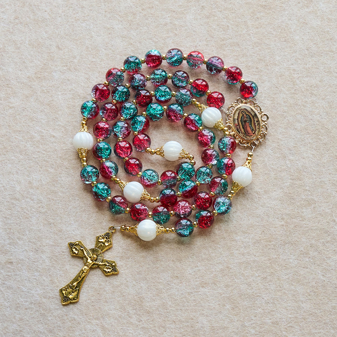 Christianartworkshop Christmas Red-Blue Glass Bead Rosary: Our Lady Medal & Ornate Cross - image 5