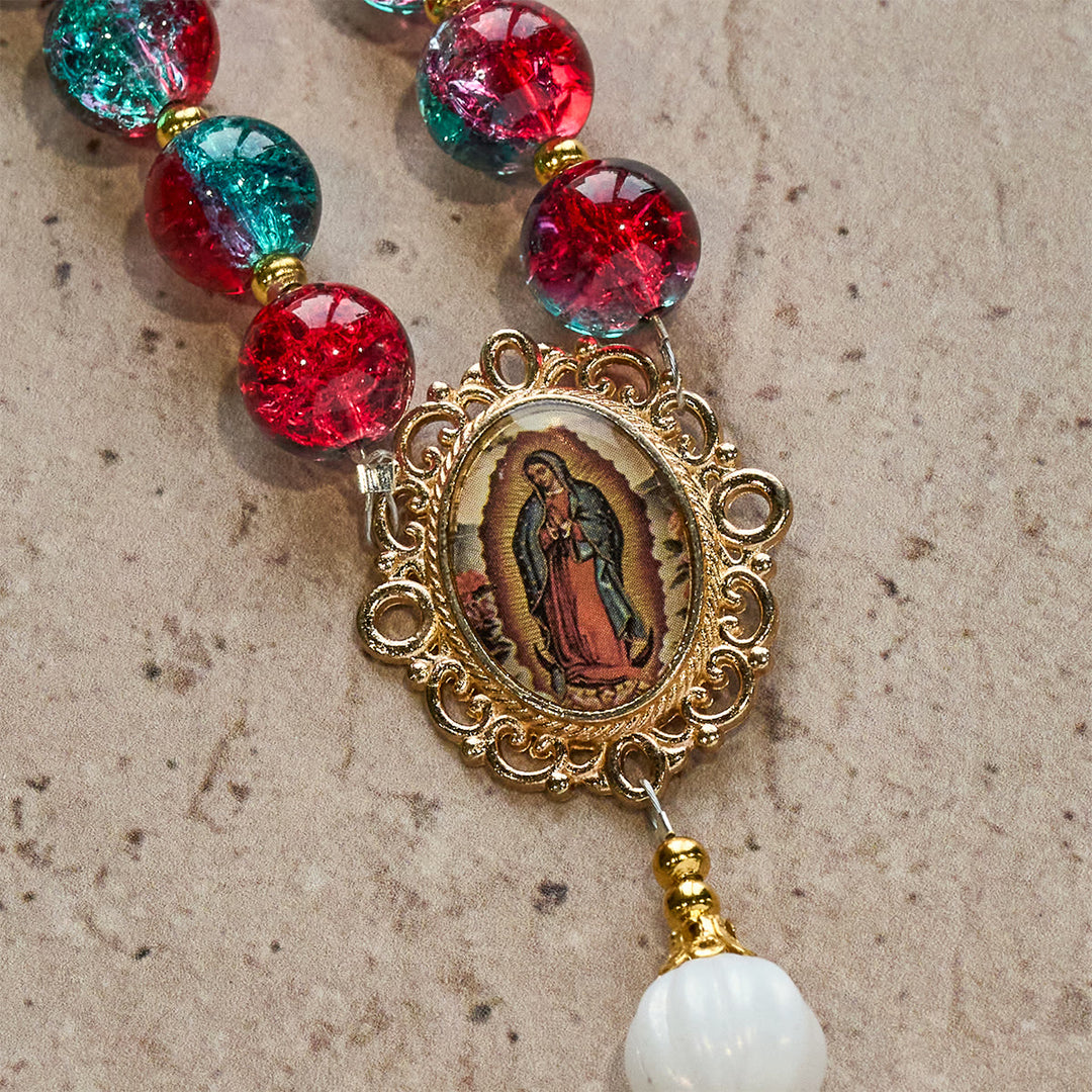 Christianartworkshop Christmas Red-Blue Glass Bead Rosary: Our Lady Medal & Ornate Cross - image 12