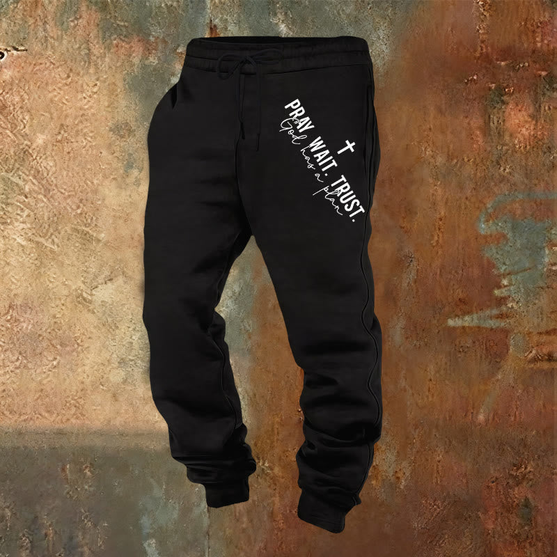 Christianartworkshop Pray Wait Trust Statement Sweatpants: Side-Hip Faith Mantra - Black - 2XL - image 0