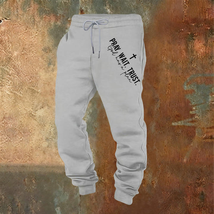 Christianartworkshop Pray Wait Trust Statement Sweatpants: Side-Hip Faith Mantra - Light Grey - 2XL - image 9