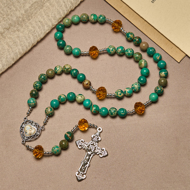 Christianartworkshop Peace through Mary's Heart Rosary in Turquoise and Amber Hues - image 4