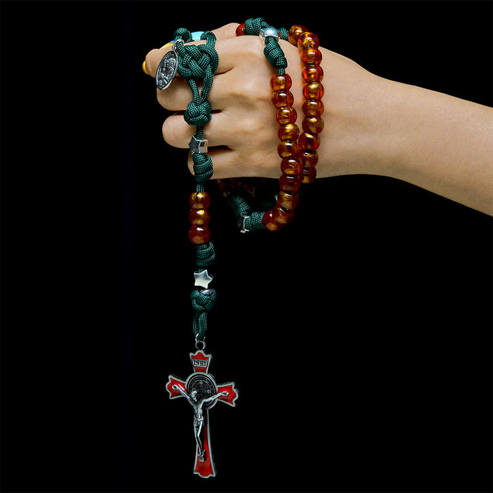 Christianartworkshop Amber-Tone Beads and Green Paracord Christmas Rosary with Holy Family Medal - image 1