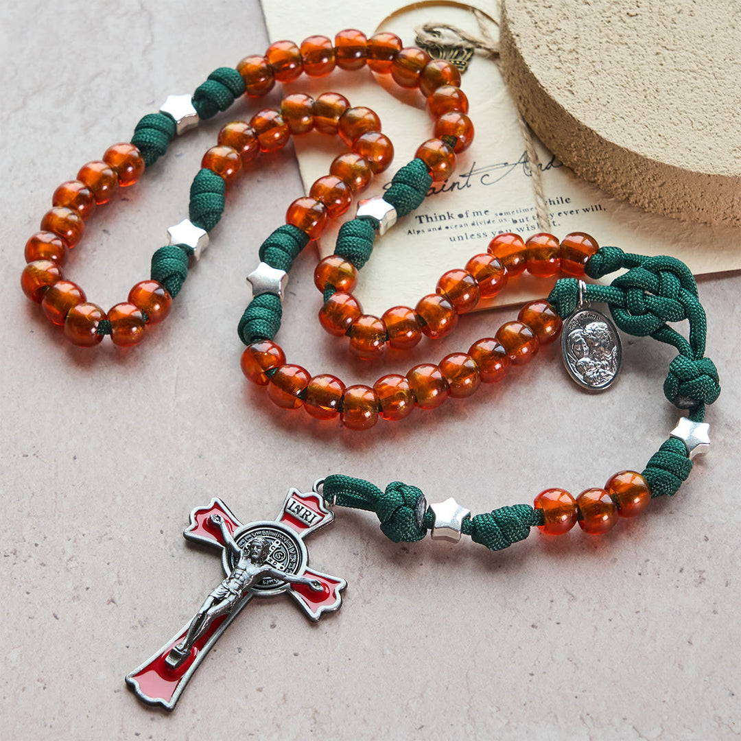 Christianartworkshop Amber-Tone Beads and Green Paracord Christmas Rosary with Holy Family Medal - image 7