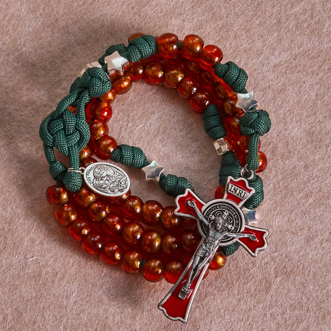 Christianartworkshop Amber-Tone Beads and Green Paracord Christmas Rosary with Holy Family Medal - image 3