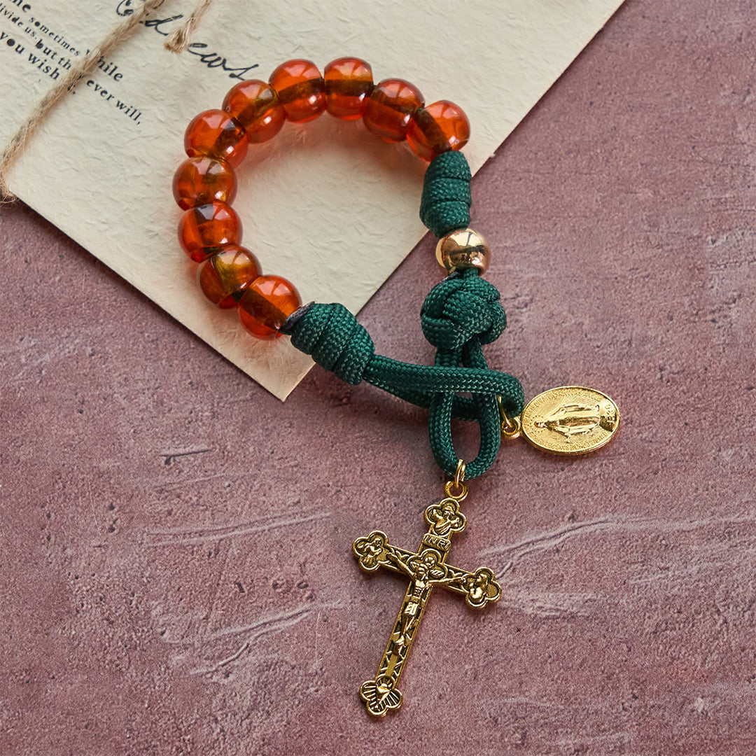 Christianartworkshop Amber-Tone Beads and Green Paracord Christmas Rosary with Holy Family Medal - image 15