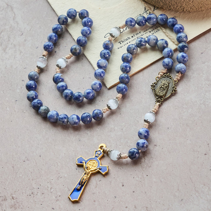 Christianartworkshop Immaculate Heart of Mary & Crucifix of 8 mm Round Blue Stone Nylon Cord Rosary - Golden Crucifix - image 7