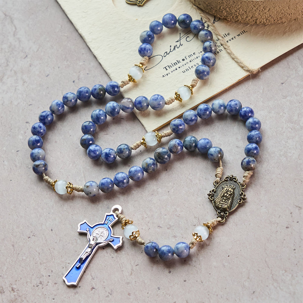 Christianartworkshop Immaculate Heart of Mary & Crucifix of 8 mm Round Blue Stone Nylon Cord Rosary - image 1