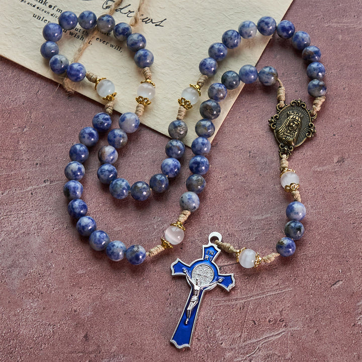 Christianartworkshop Immaculate Heart of Mary & Crucifix of 8 mm Round Blue Stone Nylon Cord Rosary - image 2