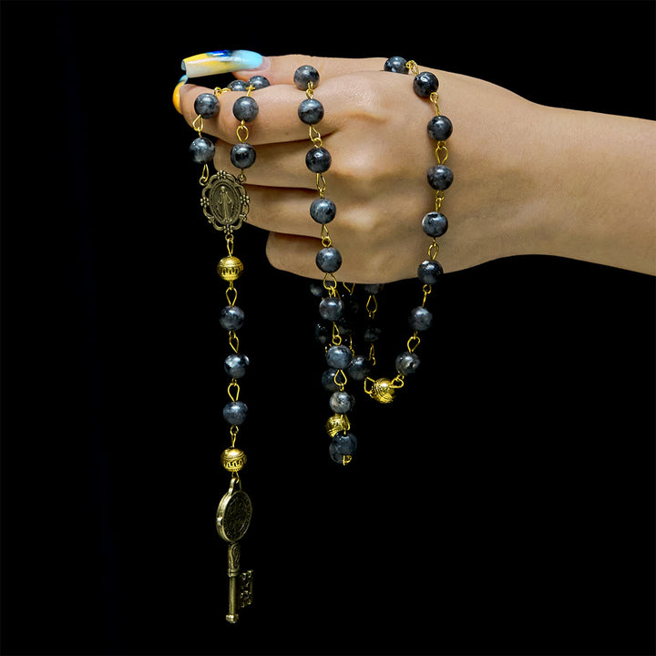 Christianartworkshop Miraculous Medal & Saint Benedict Key of 8 mm Round Black Stone Alloy Chain Rosary - image 7