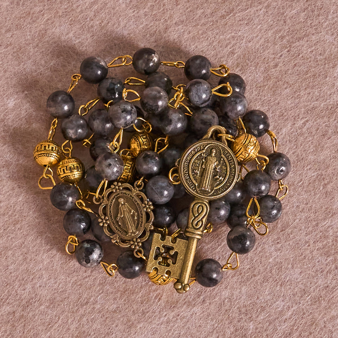 Christianartworkshop Miraculous Medal & Saint Benedict Key of 8 mm Round Black Stone Alloy Chain Rosary - image 6