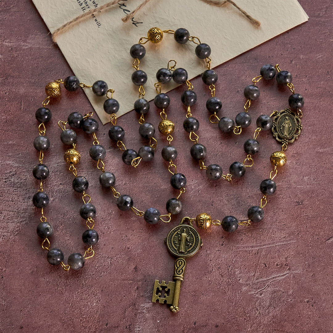 Christianartworkshop Miraculous Medal & Saint Benedict Key of 8 mm Round Black Stone Alloy Chain Rosary - image 2