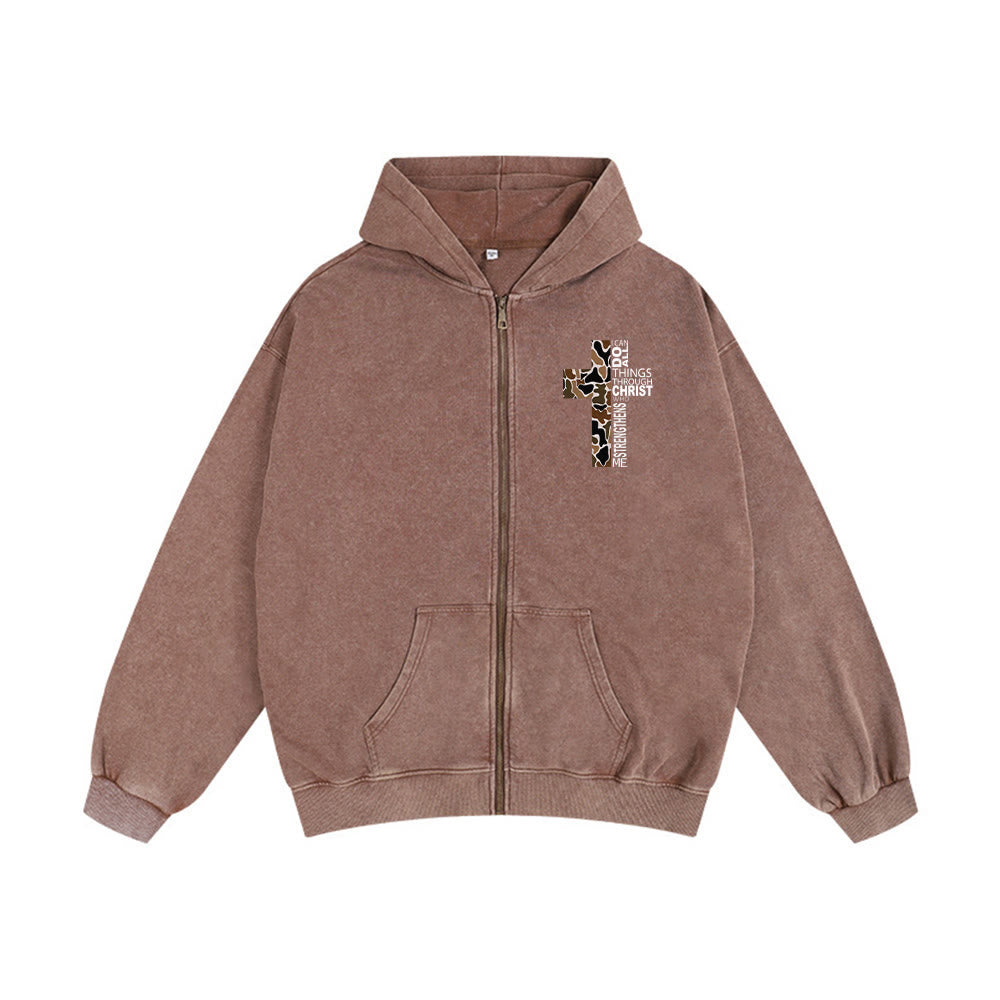 Christianartworkshop Cross Motif Hooded Jacket: All Things Through Christ for Church & Daily - Coffee - 2XL - image 7