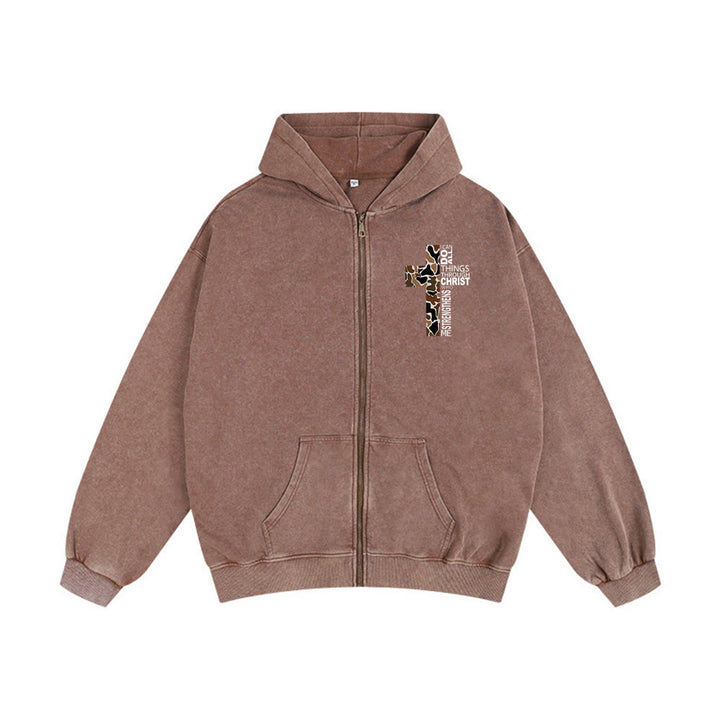 Christianartworkshop Cross Motif Hooded Jacket: All Things Through Christ for Church & Daily - Coffee - 2XL - image 7