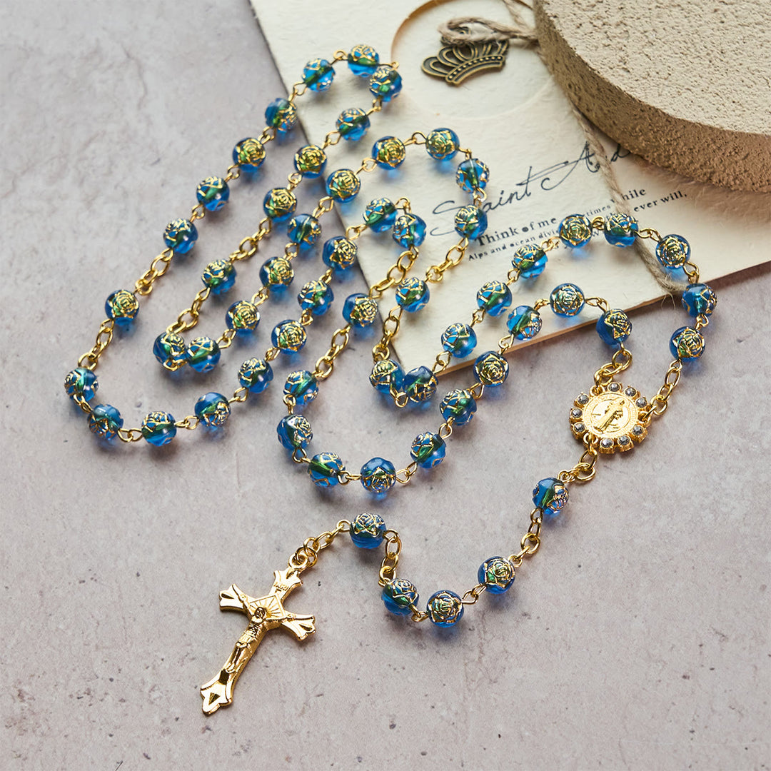 Christianartworkshop St. Benedict Medal & Crucifix of 8 mm Round Multicolor Acrylic Alloy Chain Rosary - Blue - image 0