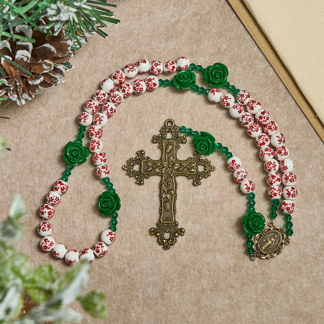 Christianartworkshop Red Floral Ceramic Beads Rosary with Green Rose: The Garden of Mary's Love - image 5