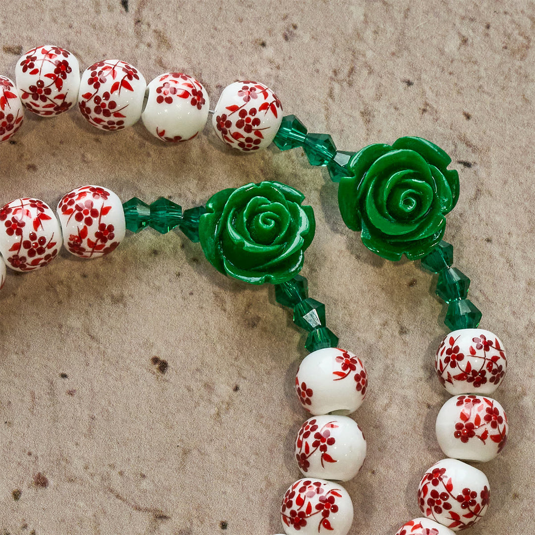 Christianartworkshop Christmas Gift: Red Floral Ceramic Beads Rosary with Green Rose: The Garden of Mary's Love - image 12