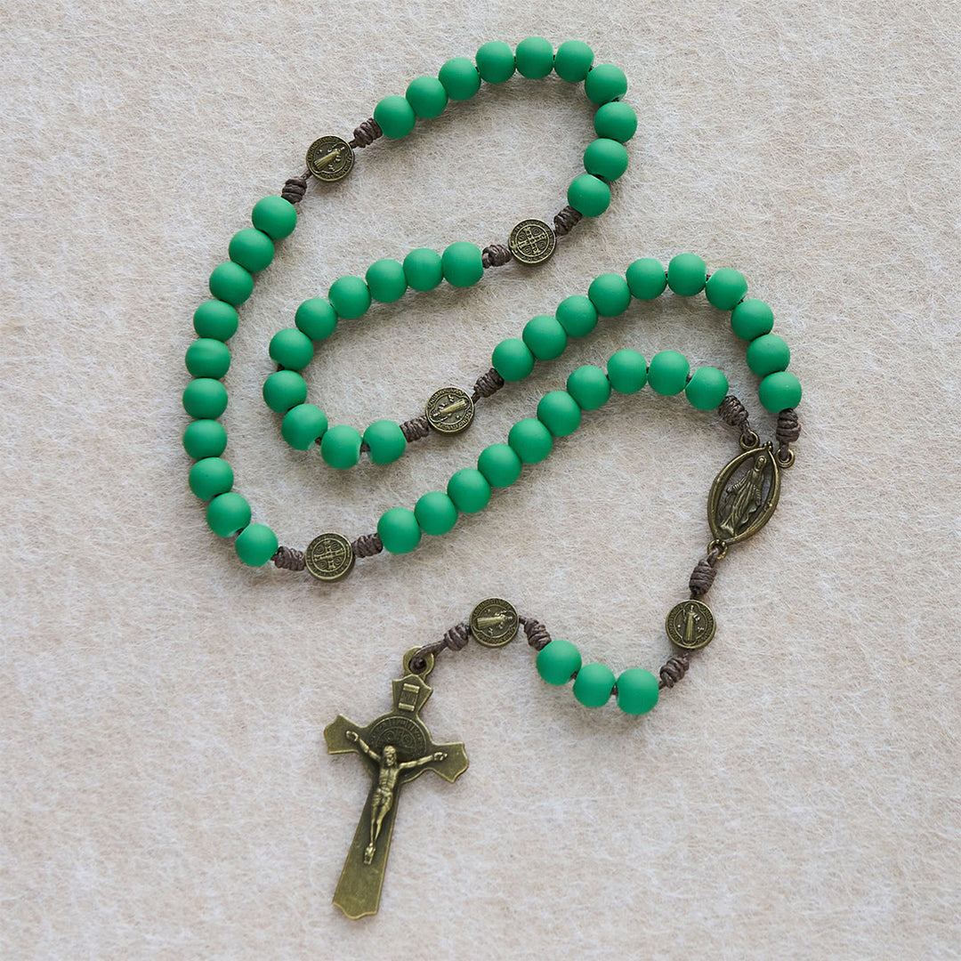 Christianartworkshop Matte Green Rubber Beads Rosary with St. Benedict Protection - St. Benedict & Our Lady - image 0