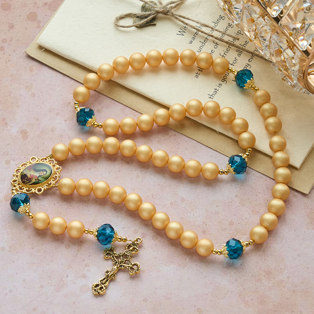 Christianartworkshop Elegant Matte Golden Pearl Rosary with St. Therese and Crucifix - image 1