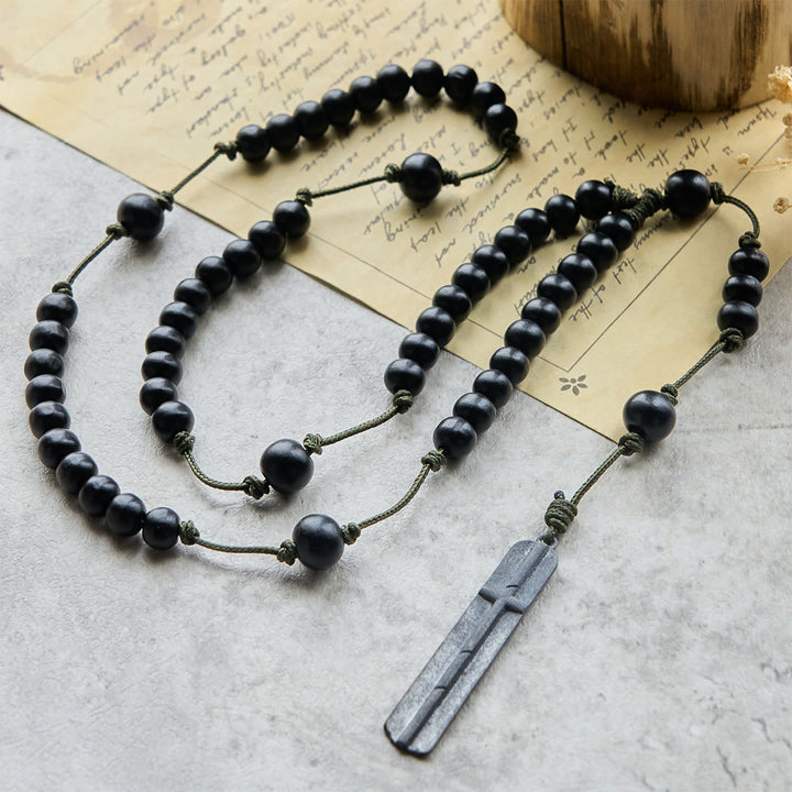Christianartworkshop Rustic-Contemporary Cross of 7 mm Round Natural Wood Beads Rope Weaving Chain Rosary - Cross - image 0