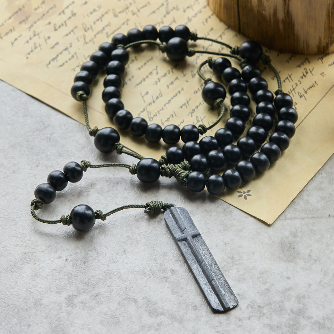 Christianartworkshop Rustic-Contemporary Cross of 7 mm Round Natural Wood Beads Rope Weaving Chain Rosary - image 1