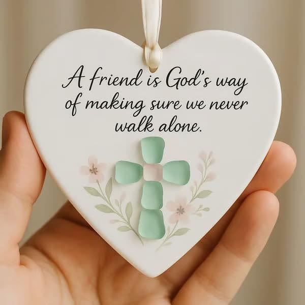 Christianartworkshop Heart-Shaped Sea Glass Style Ornament: A Friend is God's Way Faith & Friendship Reminder - A Friend is God's Way - image 0
