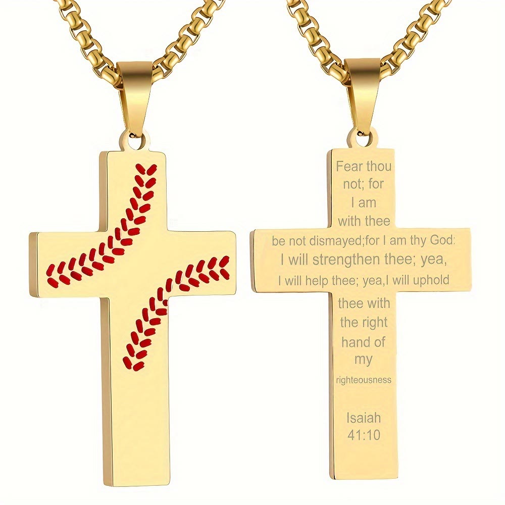 Christianartworkshop Baseball Stitch Cross Necklace: Athletic Devotion & Inspirational Quote - Golden - Isaiah 41:10 - image 29