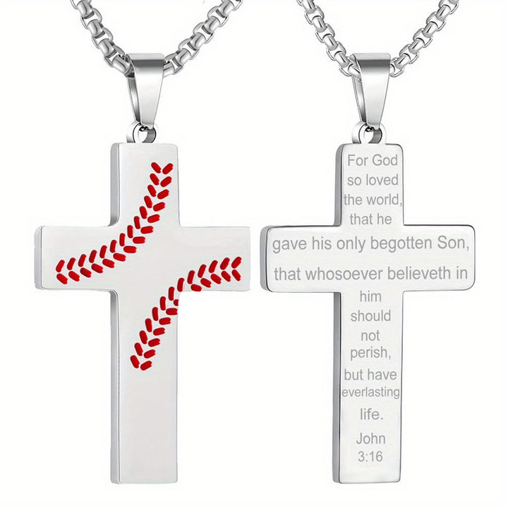 Christianartworkshop Baseball Stitch Cross Necklace: Athletic Devotion & Inspirational Quote - Silver - John 3:16 - image 6